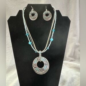 Vintage Boho Laura Ashley Mixed Media Statement Necklace With Matching Earrings